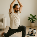 גבר מזוקן בתנוחת לוחם ראשון (ויראבהדרסנה א') על מזרן יוגה בבית, מול מחשב נייד המשדר שיעור יוגה בזום. הוא לבוש בחולצת טריקו בהירה ומכנסיים כהים, בסביבה מינימליסטית ומוארת באור טבעי